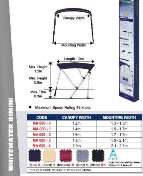 3 Stangen Bimini Top Whitewater Breite 150-170cm